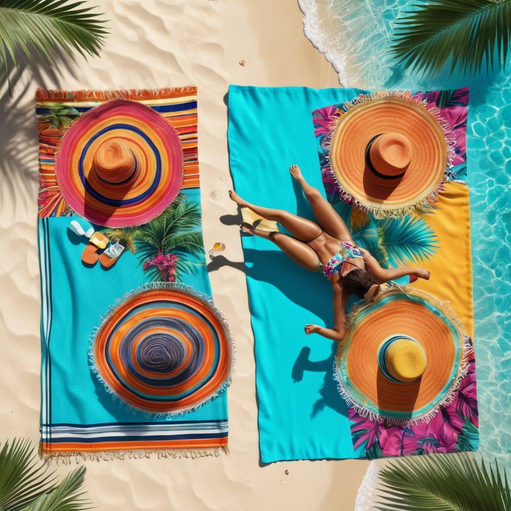 A vibrant beach scene featuring a diverse group of people enjoying a sunny day in stylish beachwear, showcasing the latest trends with bold patterns and colors. Include sun hats, sunglasses, and lounging on colorful beach towels, surrounded by palm trees and a turquoise ocean. The atmosphere should feel relaxed and inviting, evoking summer vibes. super-realistic. vibrant colors. 3D.